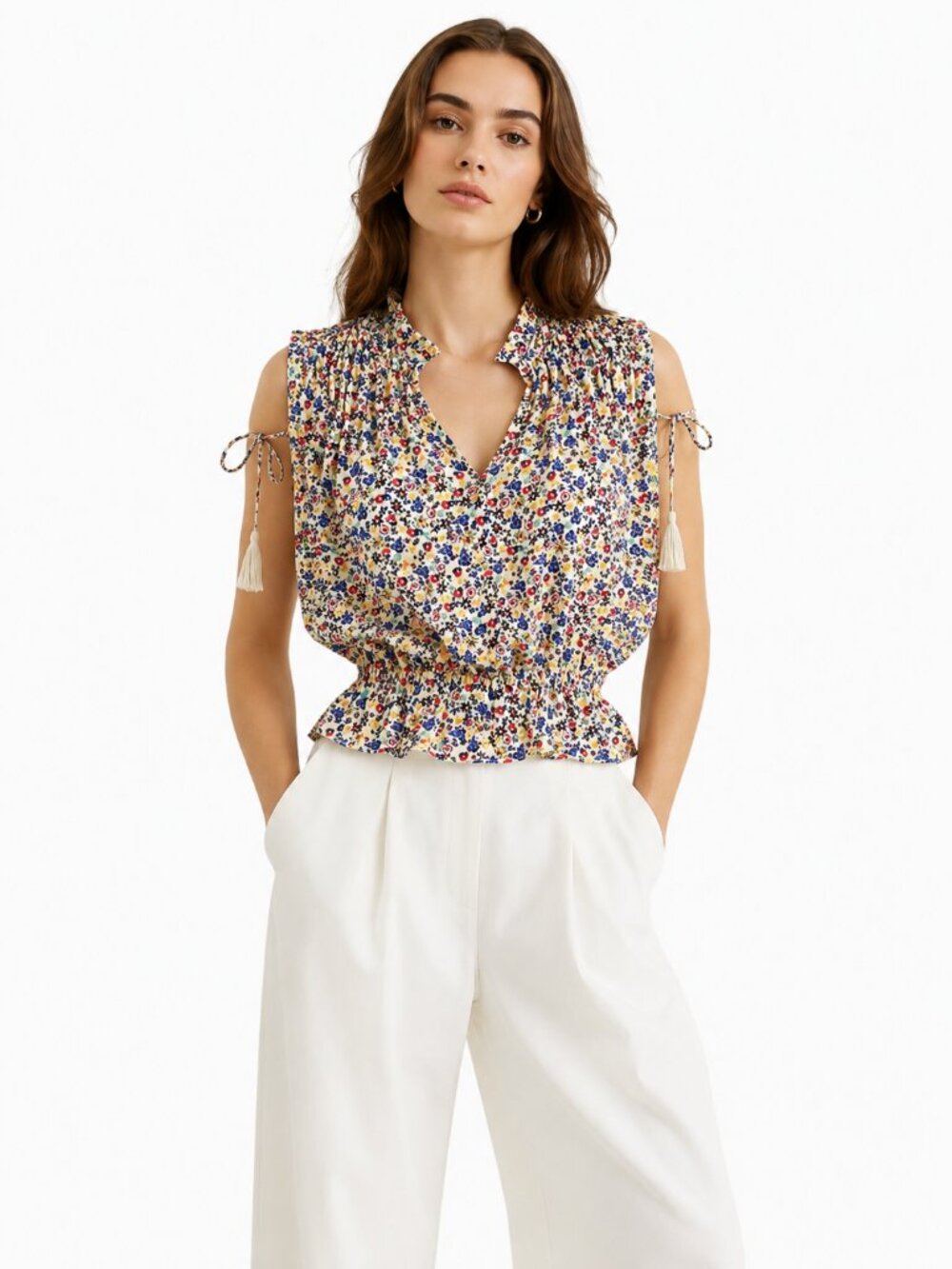 NWOT DEREK LAM 10 CROSBY 100% SILK FLORAL SLEEVELESS SMOCKED TASSEL BLOUSE - XS